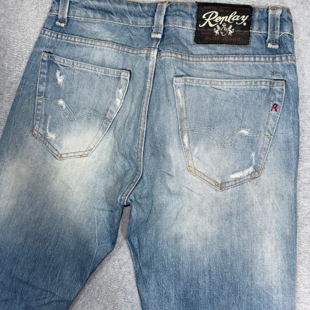 Replay Blue Jeans Mens 30x34‎ Light Wash Distressed Straight Leg Denim M901